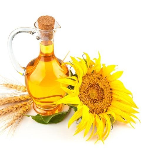 Sunflower oil bottle with sunflowers
